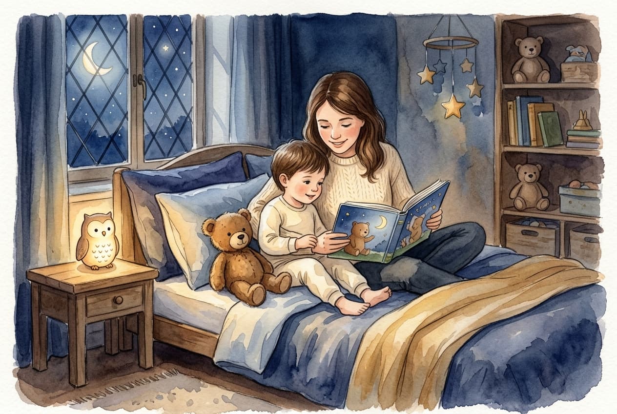 Kind liegt geborgen im warm beleuchteten Zimmer und schaut mit einem Elternteil ein Mutmachbuch an