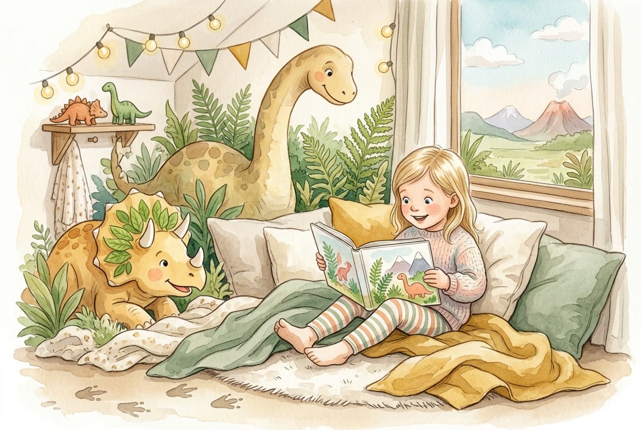 Kind liest ein warm illustriertes Dinosaurier-Kinderbuch mit freundlichen Dinos in einer gemütlichen Leseecke
