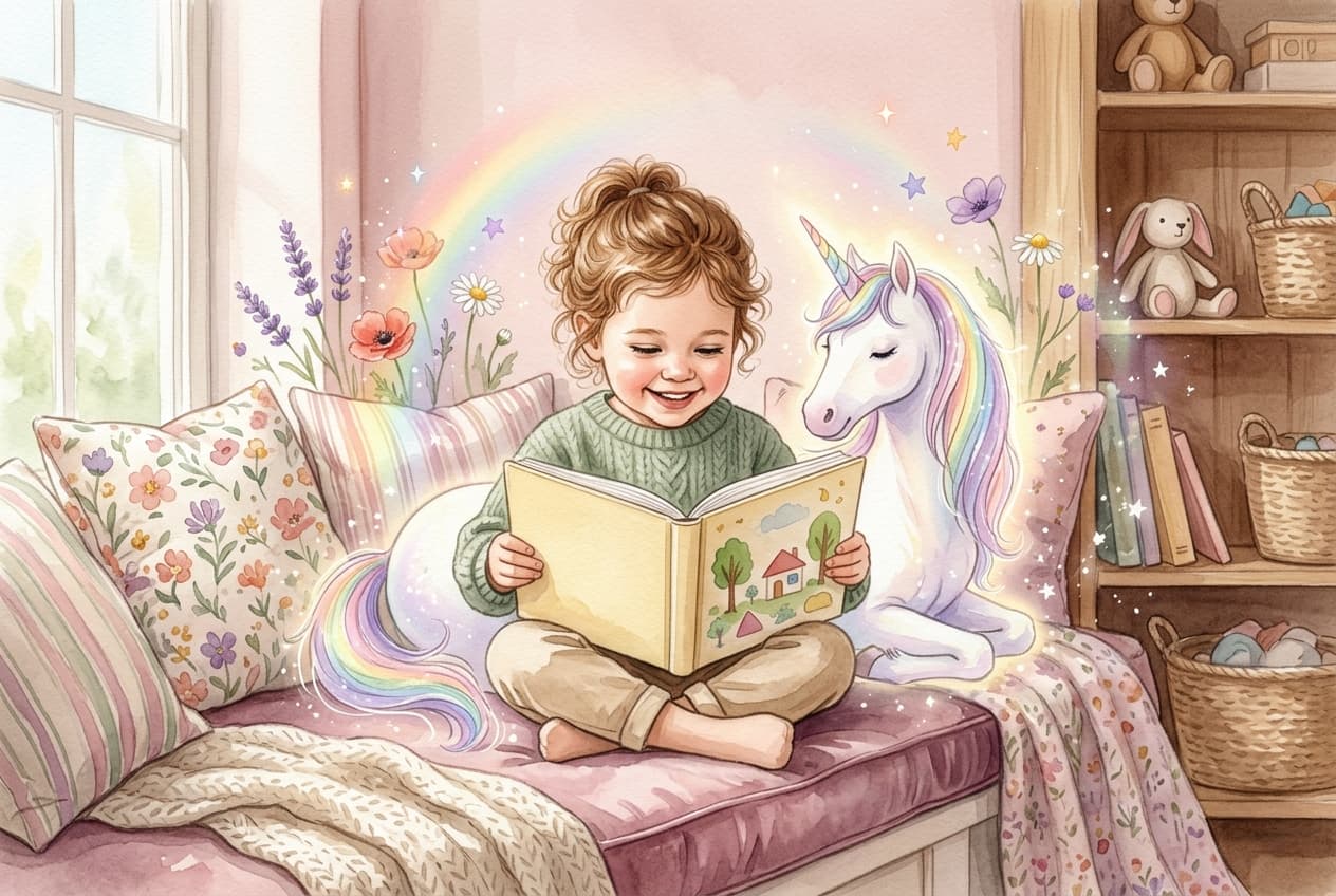 Kind liest in einer warmen Leseecke ein magisches Einhorn-Buch mit Regenbogenlicht