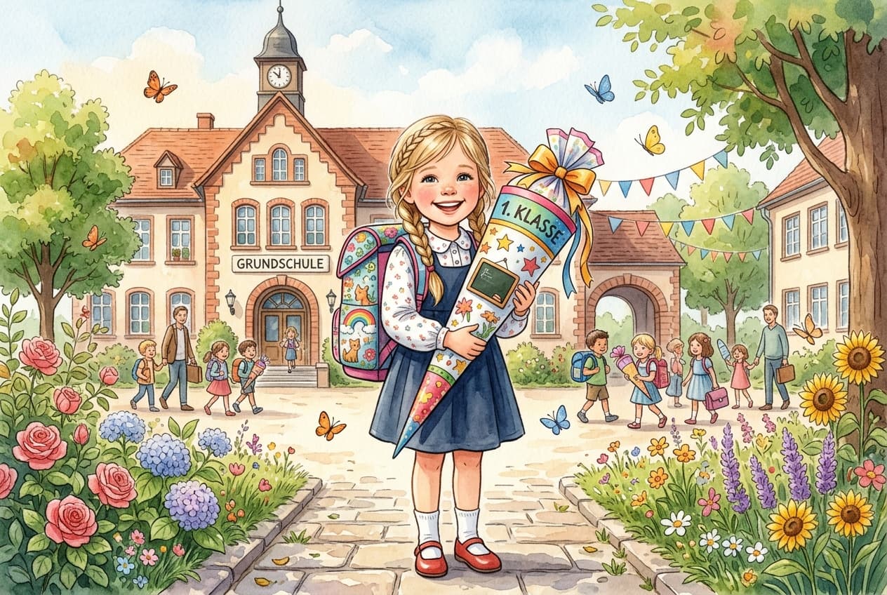 Kind mit Schultüte am ersten Schultag