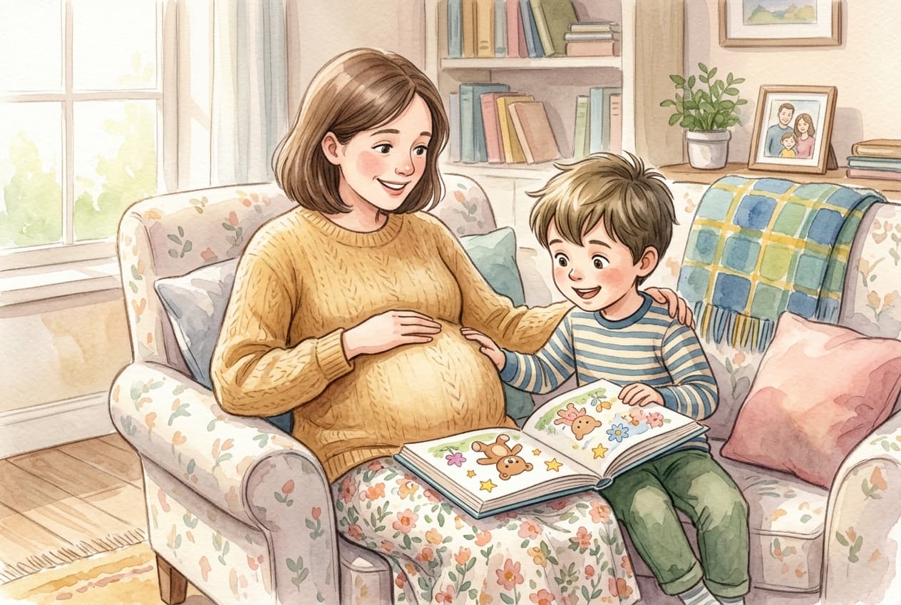 Älteres Kind hält ein personalisiertes Buch über sein neues Geschwisterchen