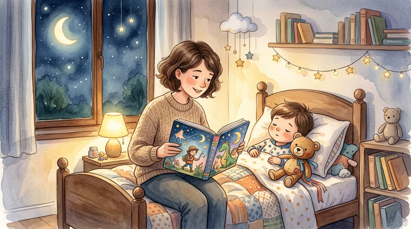 Elternteil liest einem Kind abends eine personalisierte Gute-Nacht-Geschichte vor
