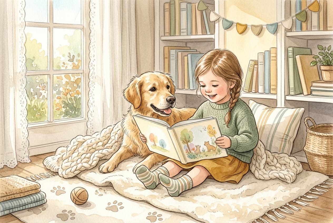 Kind liest mit einem freundlichen Hund ein warm illustriertes personalisiertes Kinderbuch