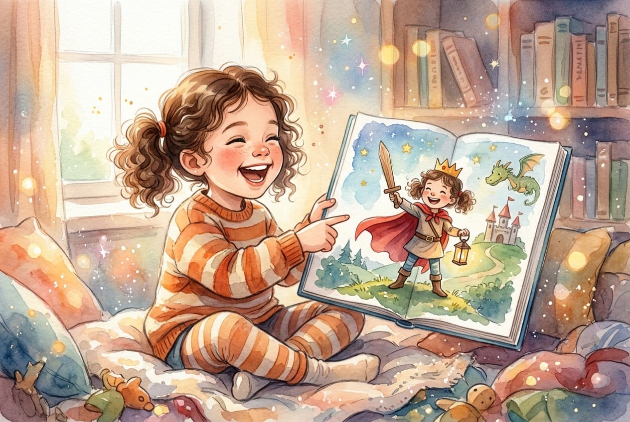 Kind zeigt begeistert auf sich selbst in einem personalisierten Buch