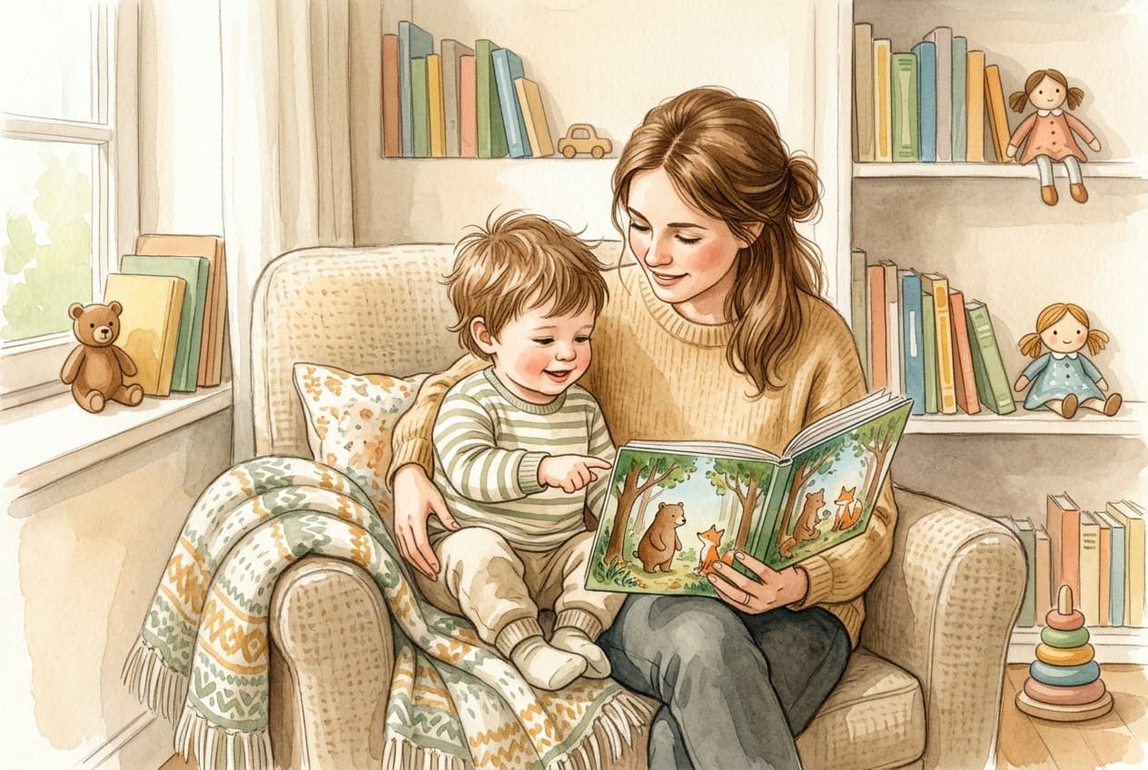 Dreijähriges Kind schaut mit einem Elternteil ein liebevoll illustriertes Kinderbuch an