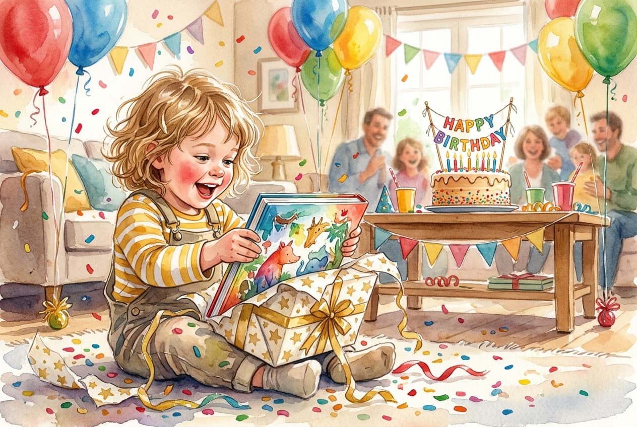 Kind packt ein personalisiertes Buch als Geburtstagsgeschenk aus