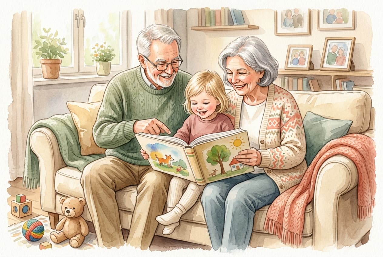 Oma und Opa lesen mit ihrem Enkel ein liebevoll illustriertes Kinderbuch auf dem Sofa