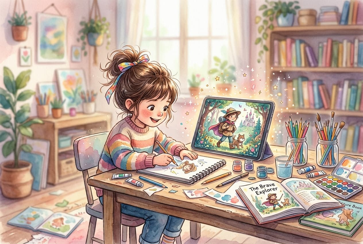 Kind blättert stolz durch sein selbst gestaltetes Kinderbuch