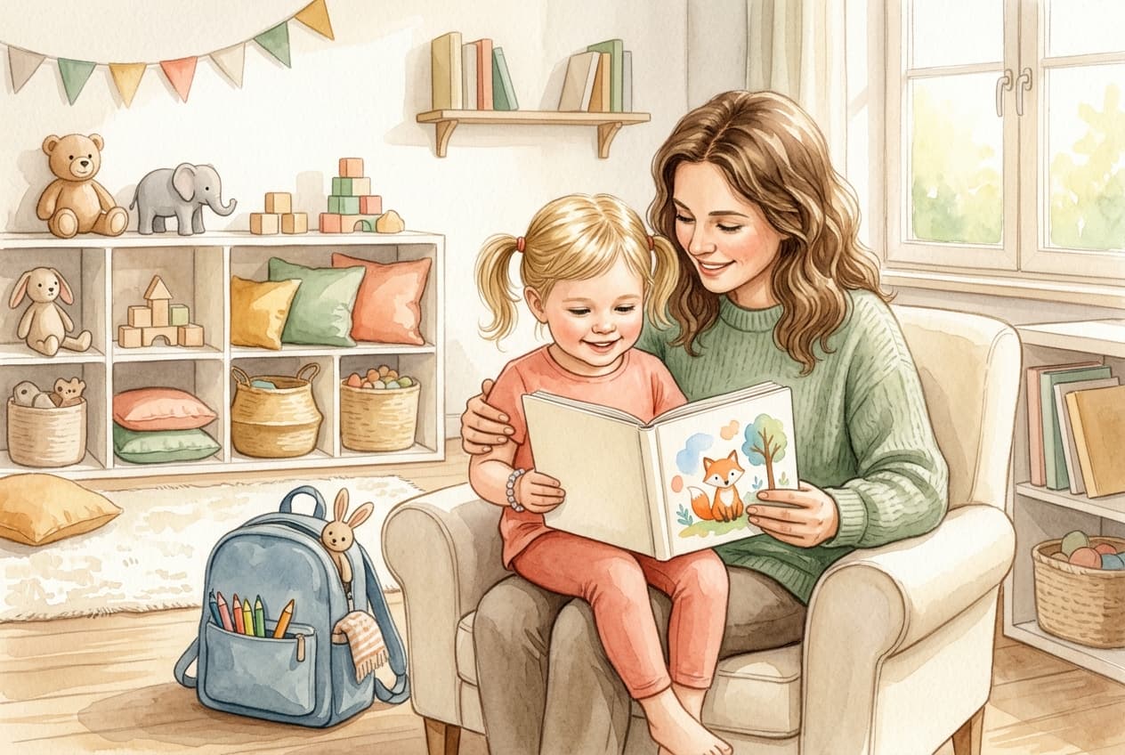 Kind schaut mit Eltern ein Bilderbuch zum Kindergartenstart an
