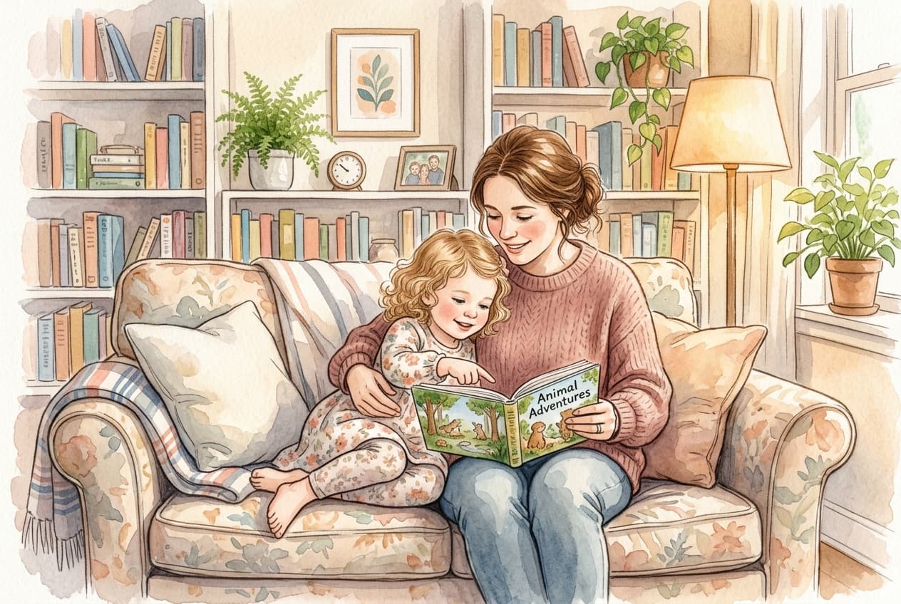 Mutter liest mit Kind ein Bilderbuch