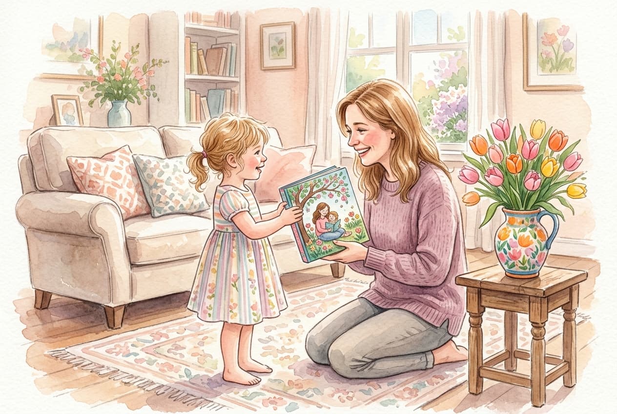 Kind überreicht Mama ein personalisiertes Buch zum Muttertag