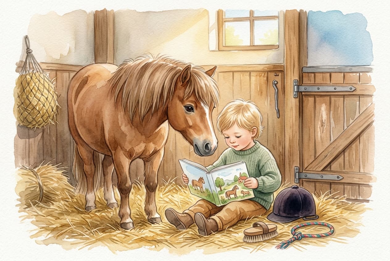 Kind liest in einer warmen Reitstall-Szene ein personalisiertes Pferde-Kinderbuch