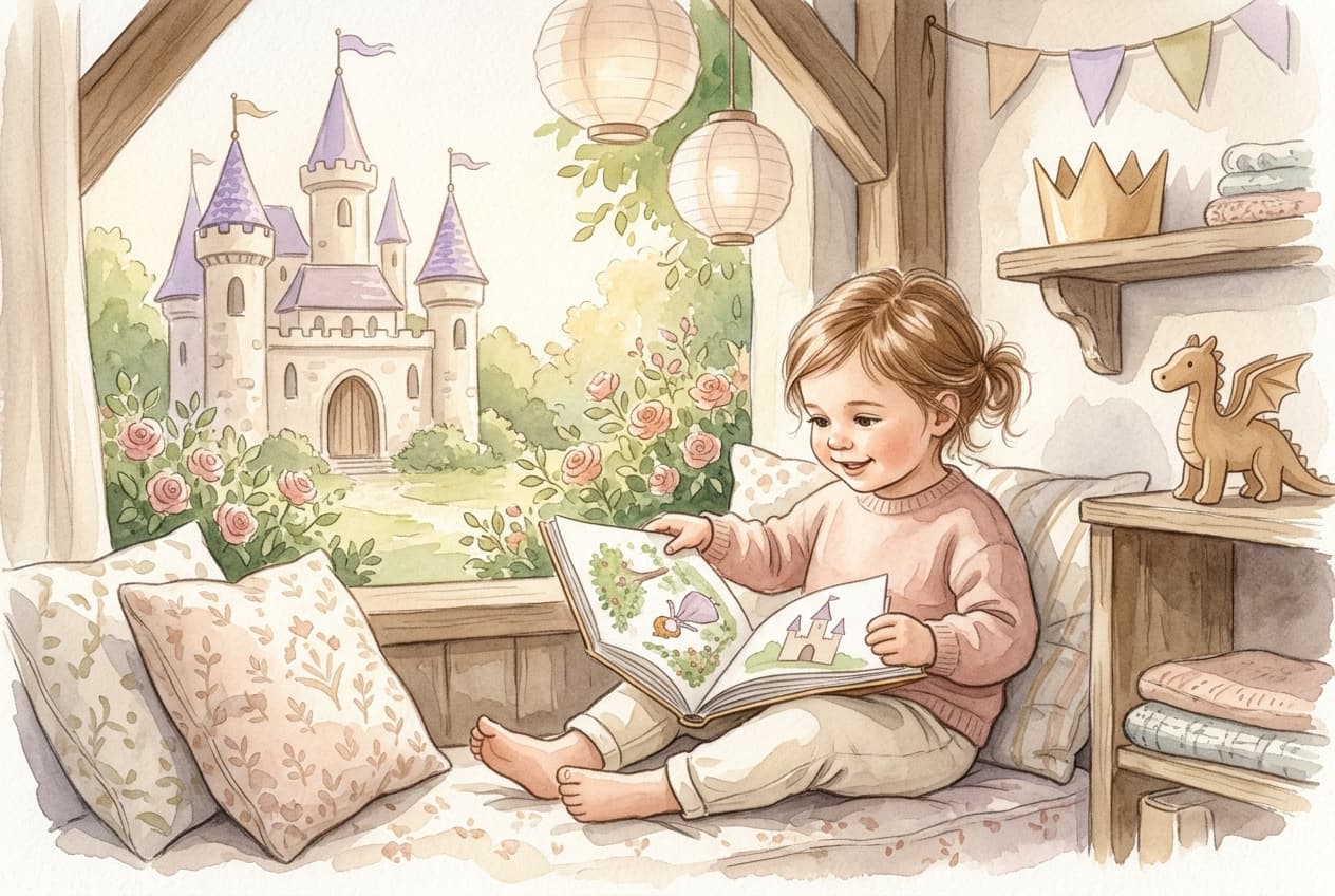Kind liest ein personalisiertes Prinzessinnenbuch in einer warmen Schloss-Leseecke