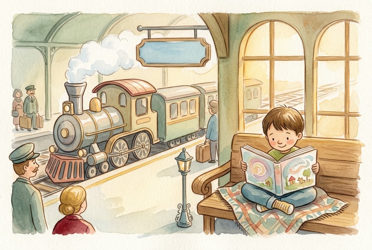 Kind liest in einer warmen Bahnhofsszene ein personalisiertes Zug-Kinderbuch