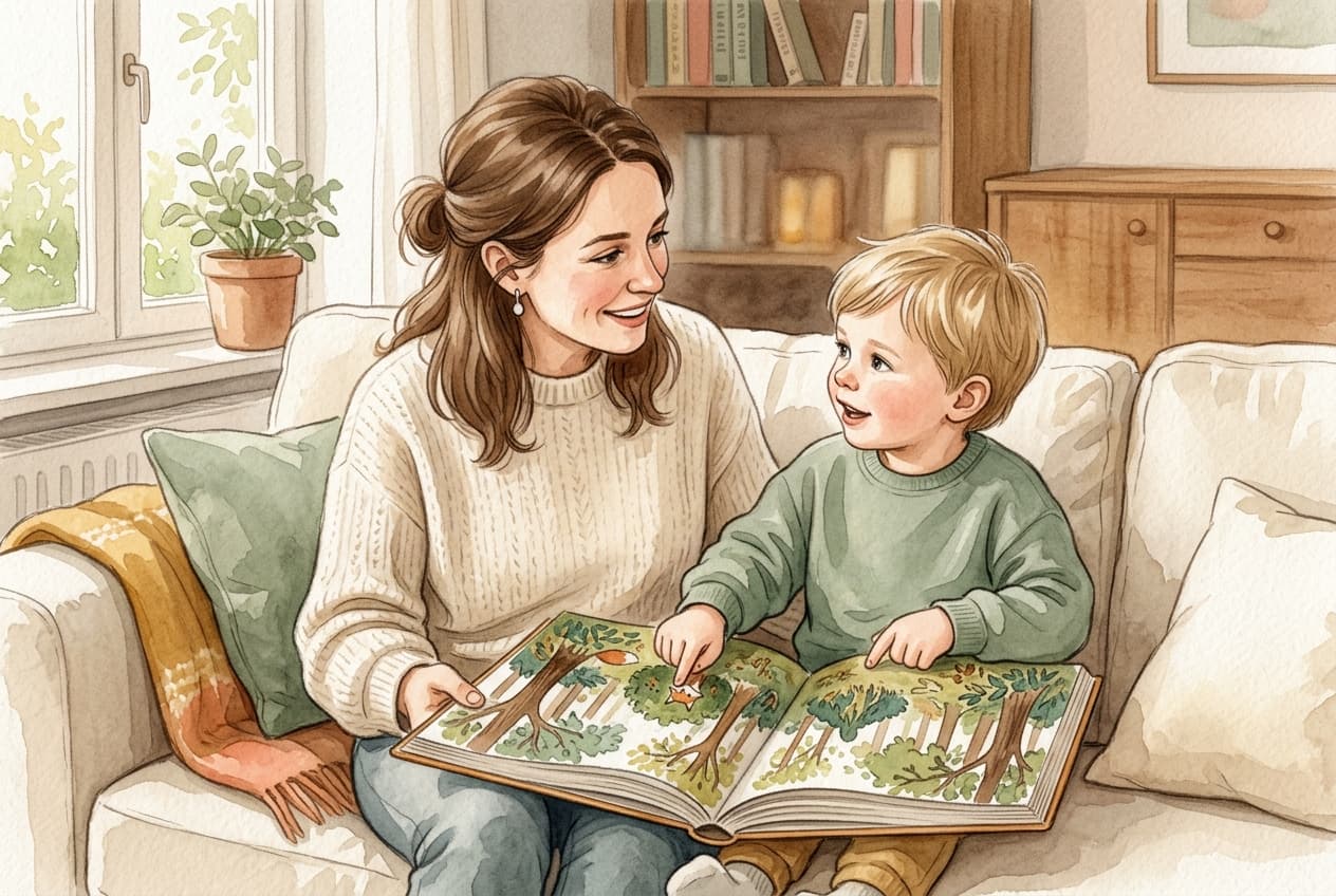 Erwachsene Person und Kind betrachten gemeinsam ein Bilderbuch und zeigen auf eine Illustration