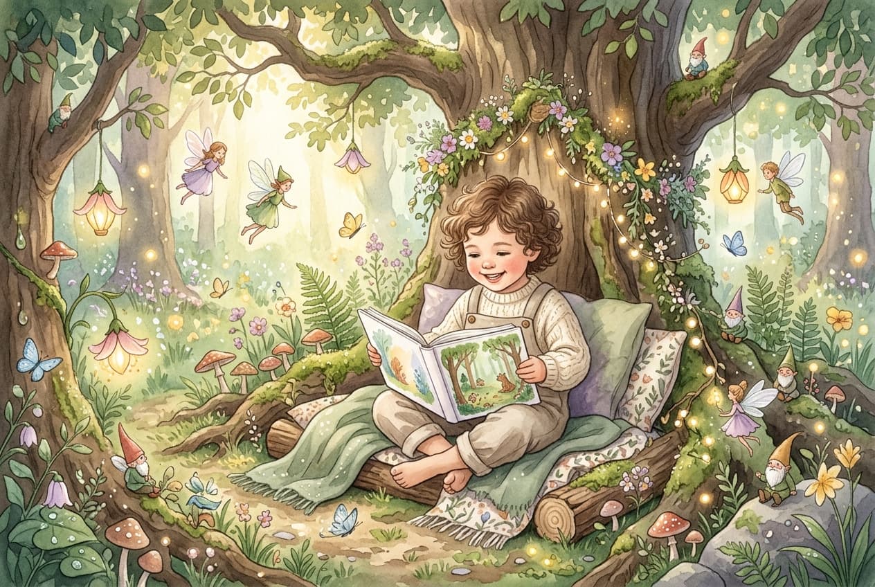 Kind liest ein magisches Feen- und Elfenbuch in einer warmen Waldlichtung