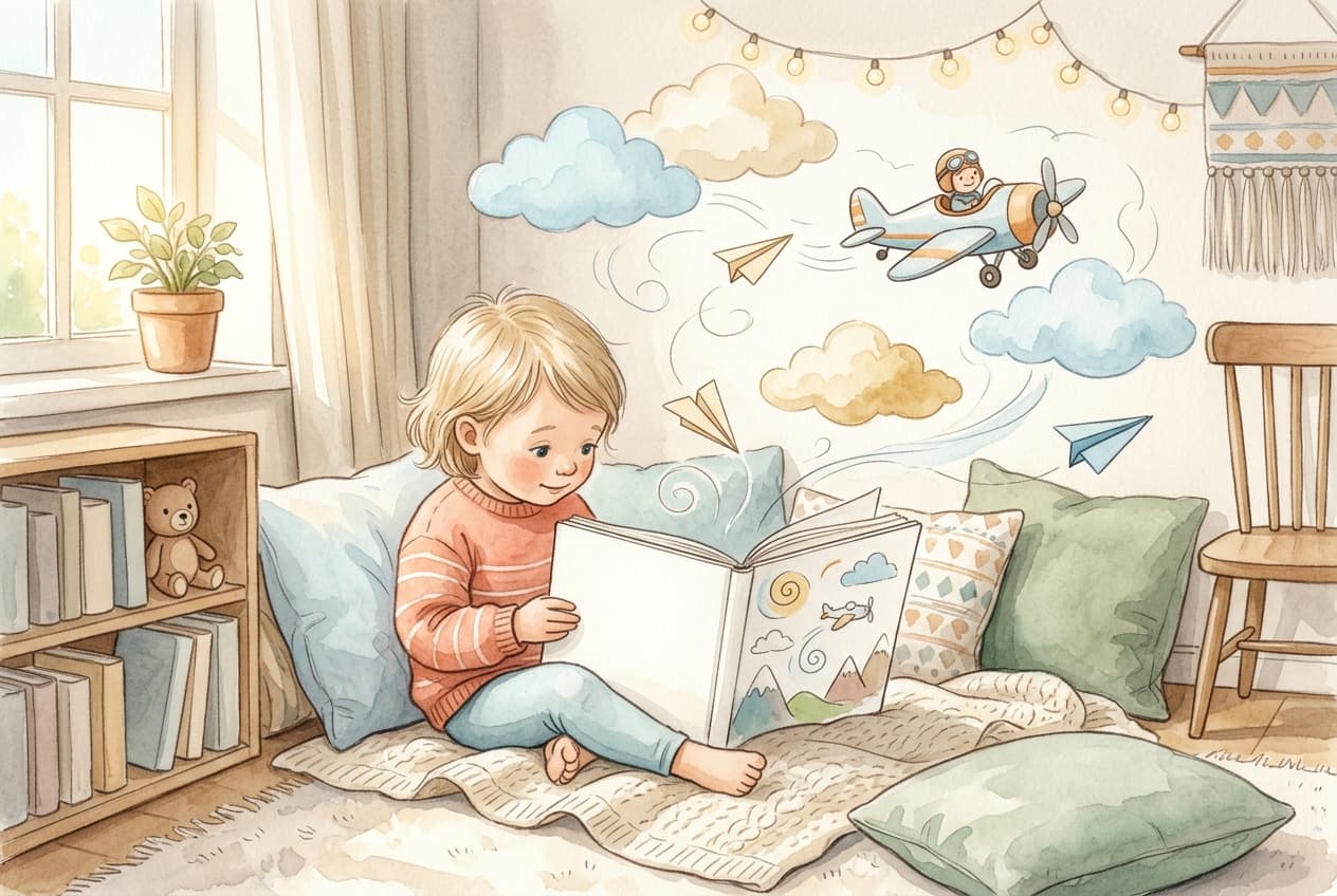 Kind liest in einer gemütlichen Leseecke ein warm illustriertes Flugzeug-Kinderbuch mit Wolken, Papierfliegern und sanfter Abenteuerstimmung