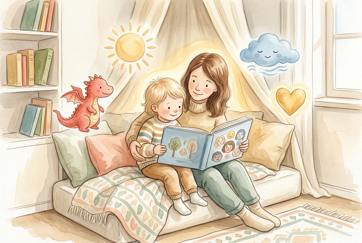 Kind liest mit einem Elternteil ein warm illustriertes Kinderbuch über Gefühle mit sanften Symbolen für Freude, Wut, Angst und Mut