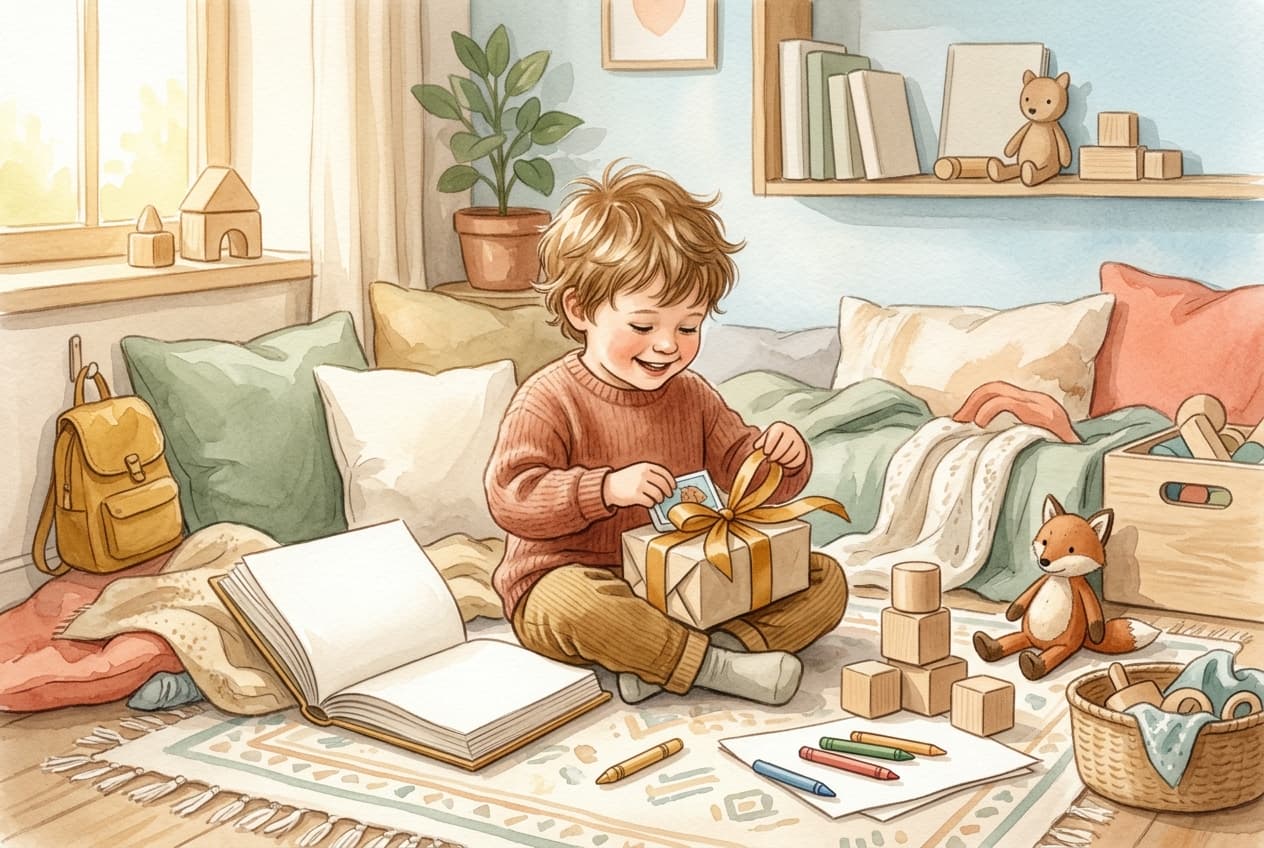 Kindergartenkind packt ein persönliches Geschenk in einer warmen Leseecke aus