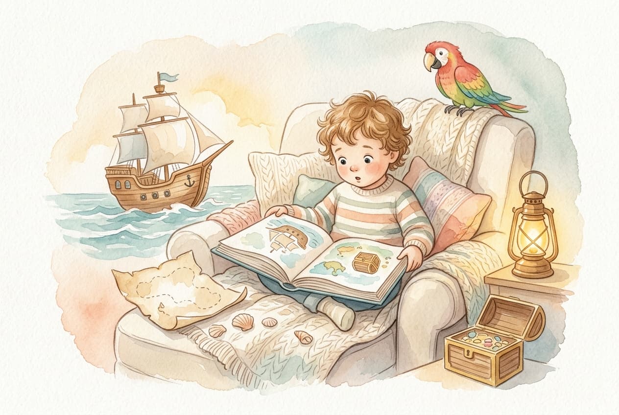 Kind liest ein personalisiertes Piratenbuch mit Schatzkarte in warmer Abenteuer-Atmosphäre