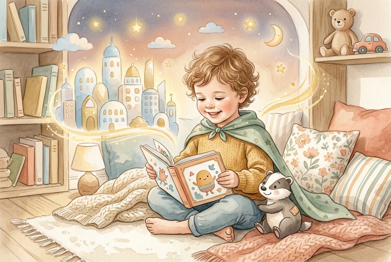 Kind liest ein personalisiertes Superhelden-Buch in warmer, mutmachender Atmosphäre