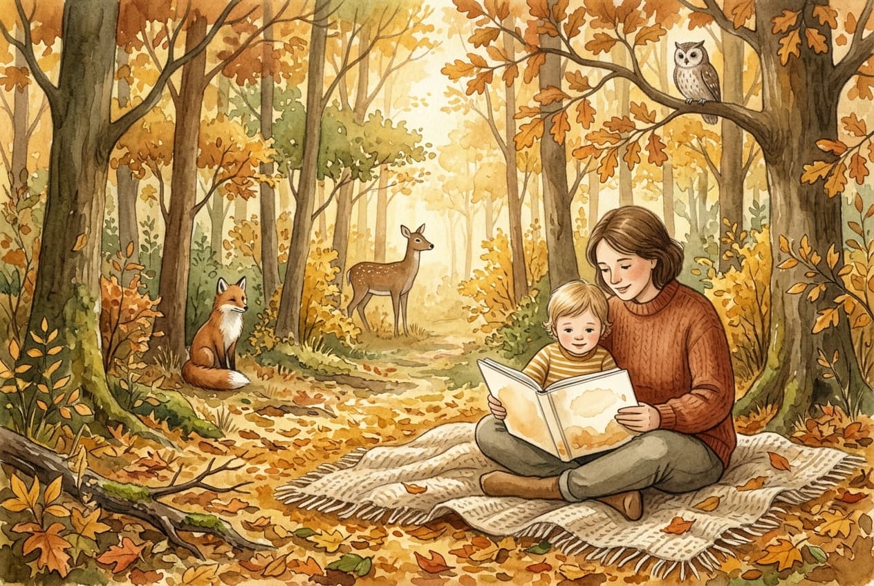 Kind liest mit einem Elternteil ein Bilderbuch über Waldtiere am Waldrand